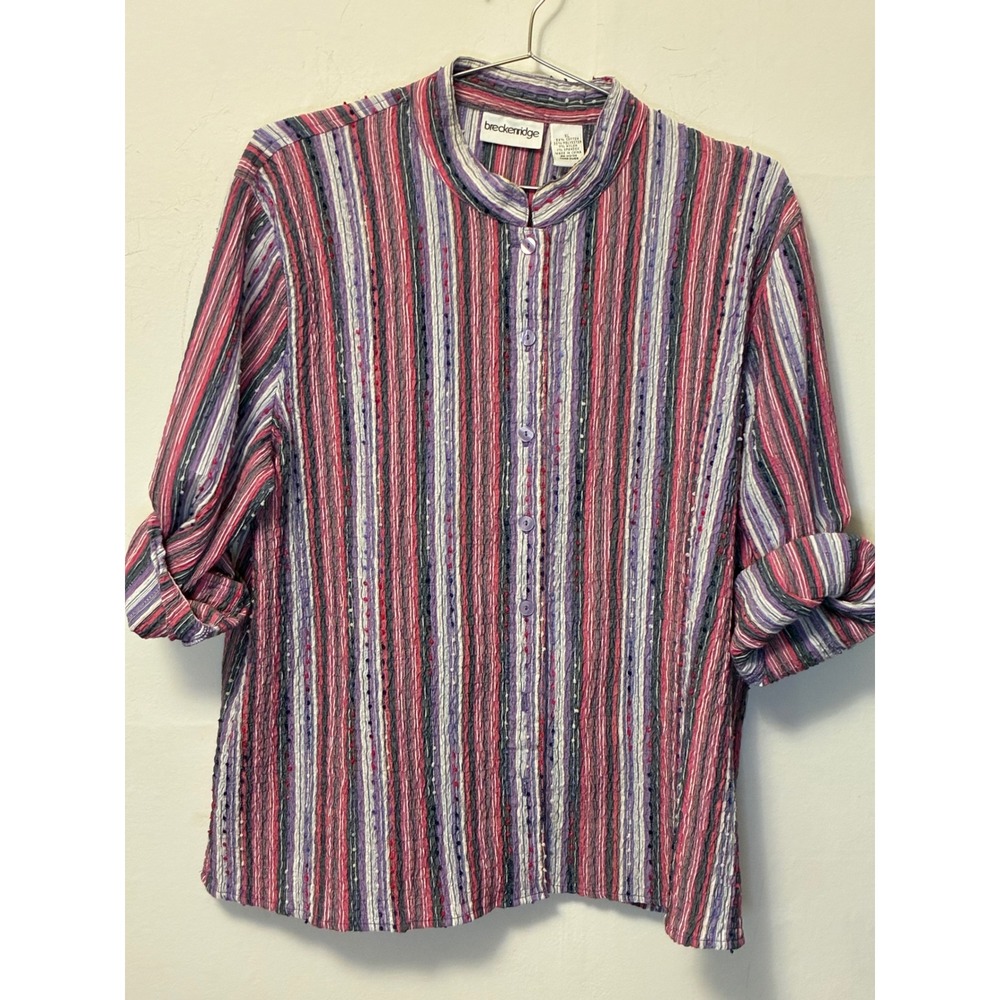 Vintage Breckenridge Striped Mandarin Collar Blouse Pink Purple XL Cotton Blend